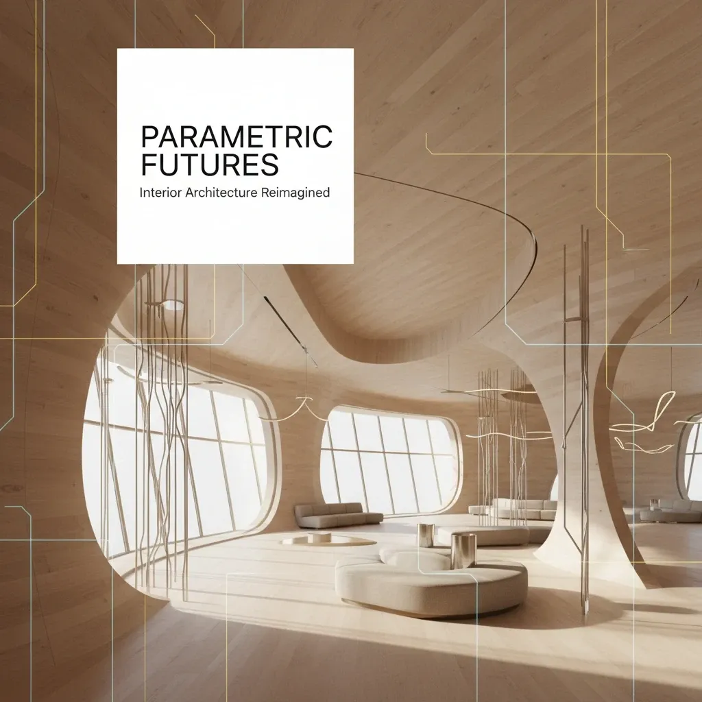 “Parametric Futures Interior Architecture Reimagined” — elegant cover design featuring organic wood curves and cinematic lighting, BISTOON publication visua