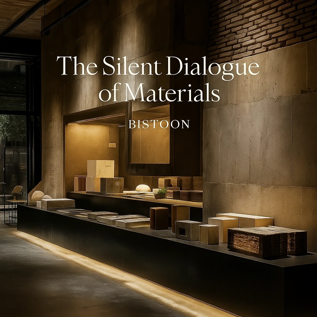Material ethics showroom with stone, brass, and plaster samples under warm indirect lighting — BISTOON